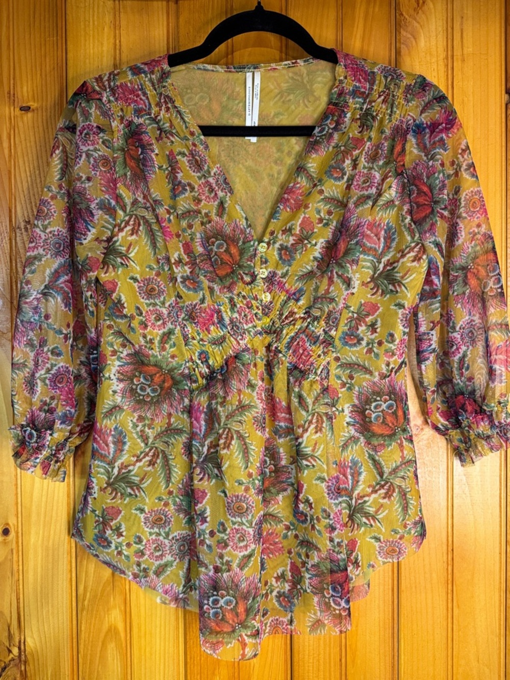 Anthropologie Mustard Floral V-Neck Blouse with Pink & Green Accents